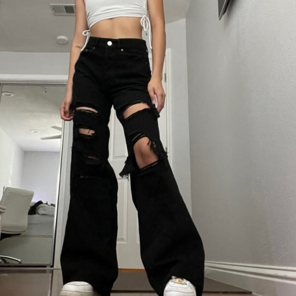 PACSUN Eco Black Distressed High Waisted Baggy Jeans Ripped Grunge Wide Leg 25